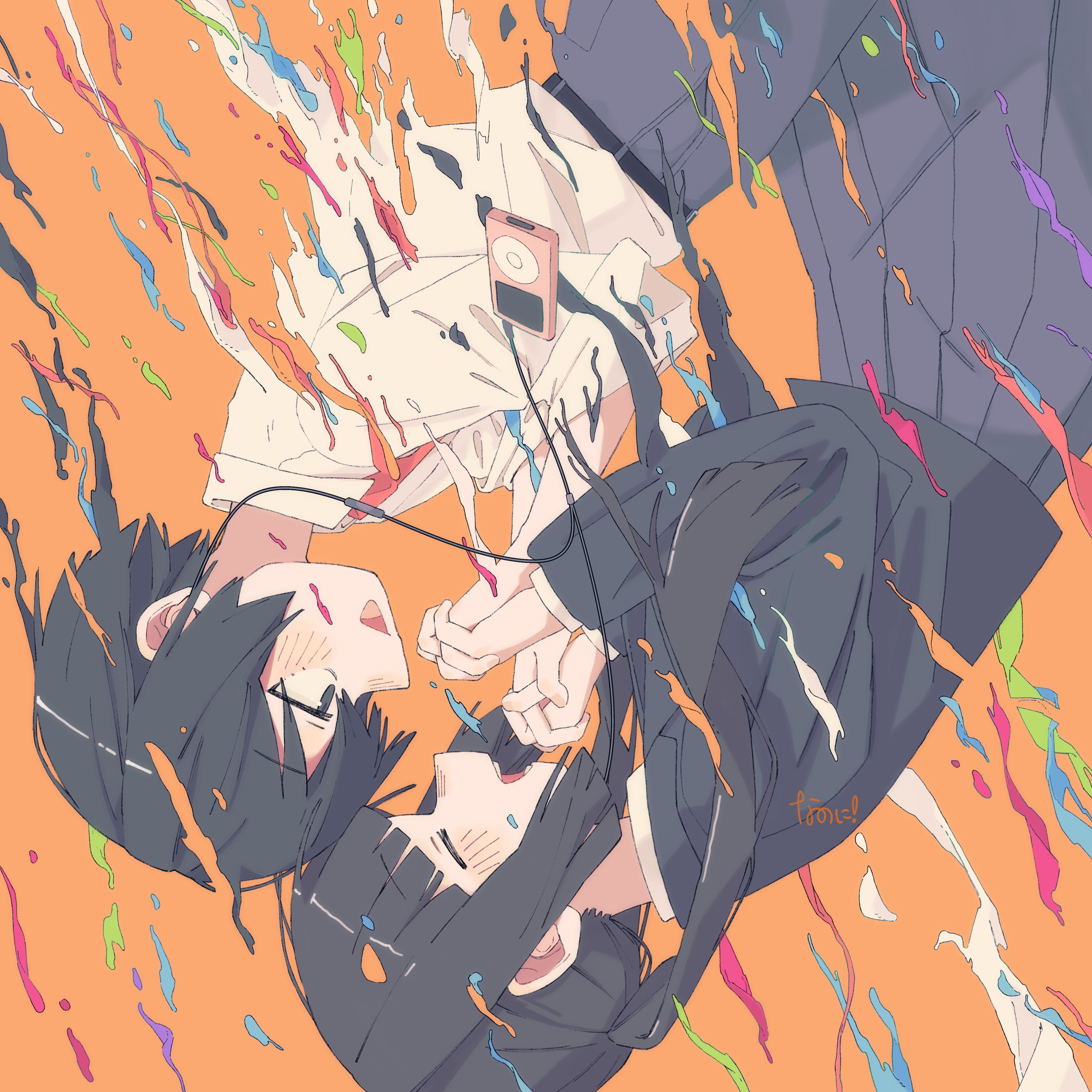 nanoni!, original, absurdres, highres, 1boy, 1girl, :d, black hair, black jacket, black pants, black skirt, blunt bangs, blush, closed eyes, collared shirt, digital media player, holding hands, interlocked fingers, jacket, long hair, long sleeves, necktie, open mouth, orange background, pants, pleated skirt, red necktie, shirt, short hair, skirt, smile, upper body, white shirt