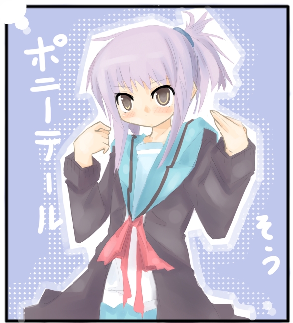 kanikama, nagato yuki, suzumiya haruhi no yuuutsu, 00s, alternate hairstyle, cardigan, ponytail, school uniform, serafuku, solo