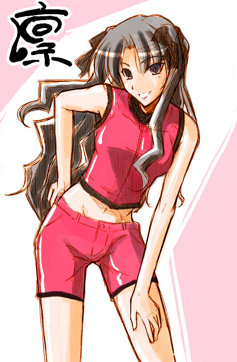 fue (rhomphair), tohsaka rin, fate/stay night, fate (series), bad source, translated, 00s, 1girl, black bow, black eyes, black hair, bow, character name, feet out of frame, female focus, hair bow, hair ornament, handon hrad, long hair, looking at viewer, midriff, red shorts, red vest, shorts, smile, solo, vest