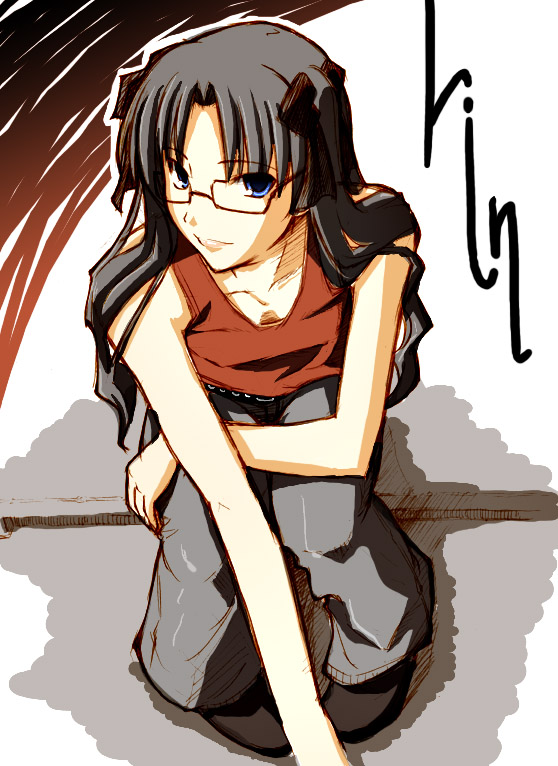 fue (rhomphair), tohsaka rin, fate/stay night, fate (series), 00s, 1girl, black hair, blue eyes, breasts, cleavage, collarbone, female focus, full body, glasses, head tilt, leaning forward, long hair, looking at viewer, pants, red-framed eyewear, sitting, sleeveless, small breasts, solo, tank top
