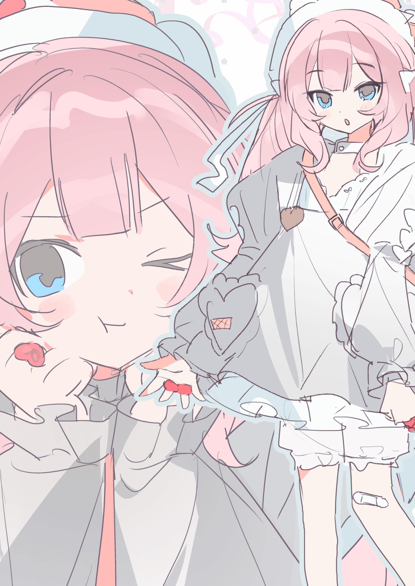 moshao (sarada1717), original, commission, highres, skeb commission, 1girl, bandaid, bandaid on knee, bandaid on leg, bloomers, blue eyes, blush, blush stickers, closed mouth, dress, food, fruit, heart, long hair, long sleeves, looking at viewer, multiple views, one eye closed, open mouth, pink hair, puffy sleeves, sidelocks, strawberry, twintails, underwear, white bloomers, white dress