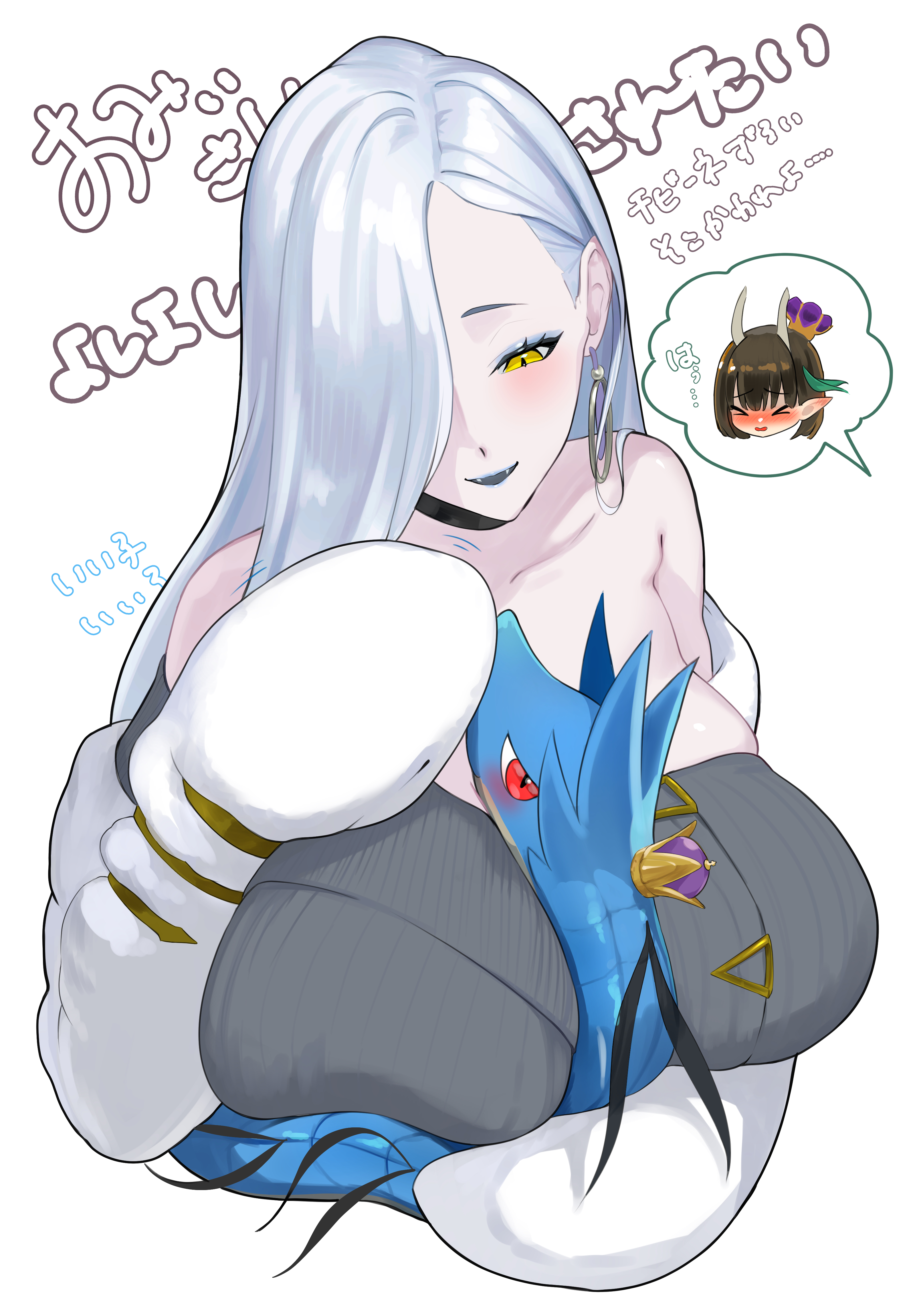 shafurakafusha, biscione (fate), biscione (second ascension) (fate), mrs. snake (fate), fate/grand order, fate (series), absurdres, commentary request, highres, translation request, 2girls, bare shoulders, black hair, blue lips, blush, breasts, chibi, choker, closed eyes, collarbone, crown, dragon, dragon girl, dress, earrings, eyeliner, grey dress, hair over one eye, hoop earrings, horns, huge breasts, jacket, jewelry, long hair, long sleeves, looking at viewer, makeup, mini crown, multicolored hair, multiple girls, off shoulder, pointy ears, short hair, solo focus, streaked hair, sweater, sweater dress, white hair, white jacket, yellow eyes