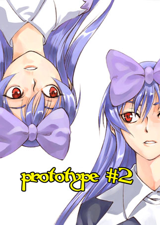 satou atsuki, 3.1-tan, os-tan, lowres, 1girl, :d, bow, collared shirt, dress shirt, dual persona, hair bow, open mouth, parted lips, purple bow, red eyes, rotational symmetry, shirt, simple background, smile, upper body, upside-down, white background, white shirt