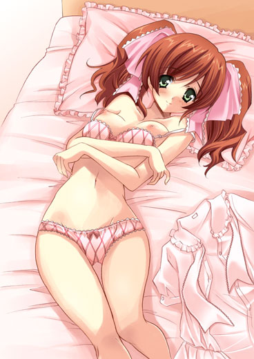 yukiwo, asahina yurina, original, super real mahjong, 1girl, bra, breasts, brown hair, female focus, frilled pillow, frills, green eyes, lingerie, looking at viewer, lowleg, lying, medium breasts, narrow waist, nipples, on back, panties, pillow, smile, solo, strap slip, thighs, twintails, underwear, underwear only