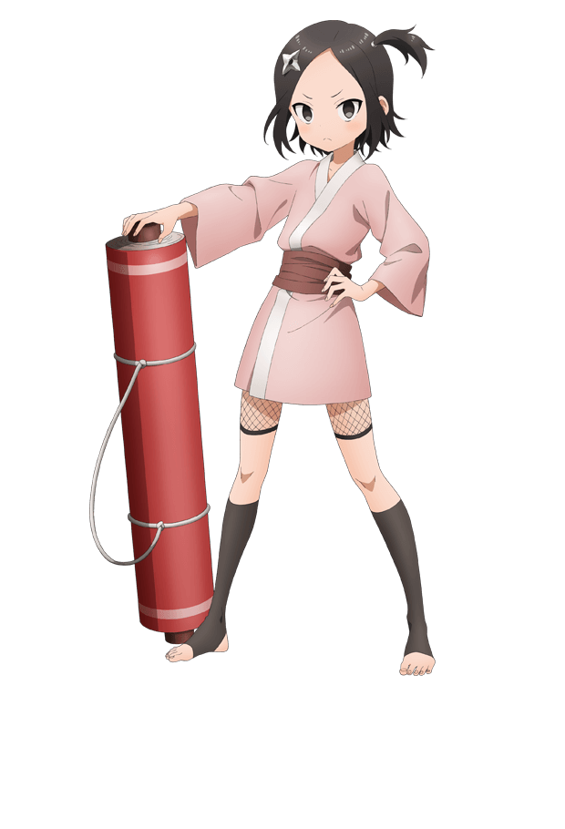 okuda yousuke, touwata (kunoichi tsubaki no mune no uchi), kunoichi tsubaki no mune no uchi, official art, 1girl, anime coloring, black eyes, black hair, blush, breasts, closed mouth, collarbone, fishnet shorts, fishnets, flat chest, full body, hair ornament, hand on own hip, japanese clothes, kimono, long sleeves, looking at viewer, ninja, one side up, parted bangs, pink kimono, scroll, scroll tube, short hair, short kimono, shuriken, shuriken hair ornament, sidelocks, simple background, solo, standing, tachi-e, toeless legwear, toes, transparent background, tsurime, v-shaped eyebrows, weapon, wide sleeves