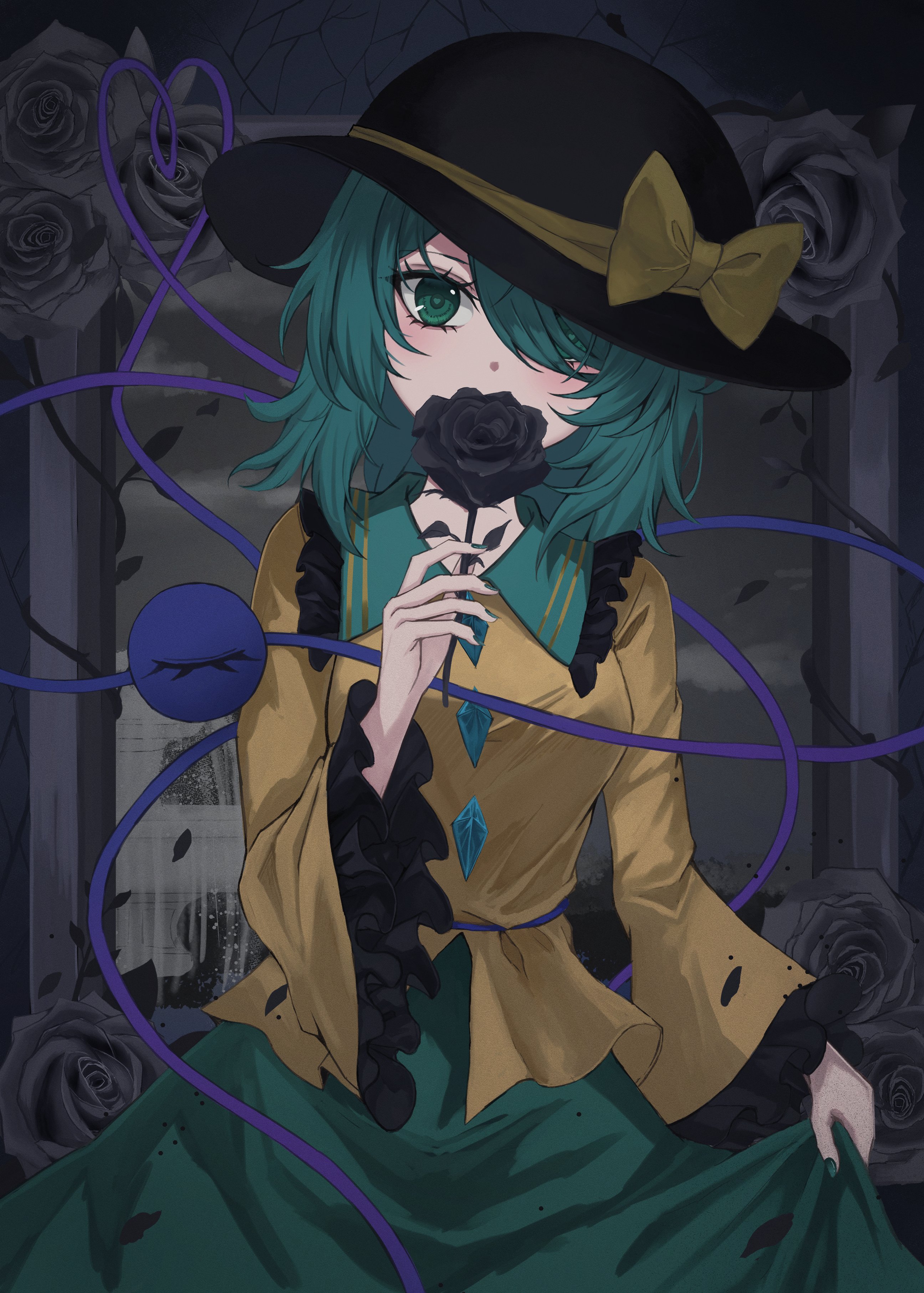 kuro wa shinoru, komeiji koishi, touhou, absurdres, highres, 1girl, black flower, black hat, black rose, buttons, diamond button, eyeball, flower, frilled shirt collar, frilled sleeves, frills, green eyes, green hair, green nails, green skirt, hair over one eye, hat, hat ribbon, heart, heart of string, holding, holding flower, ribbon, rose, shirt, skirt, third eye, wide sleeves, yellow ribbon, yellow shirt