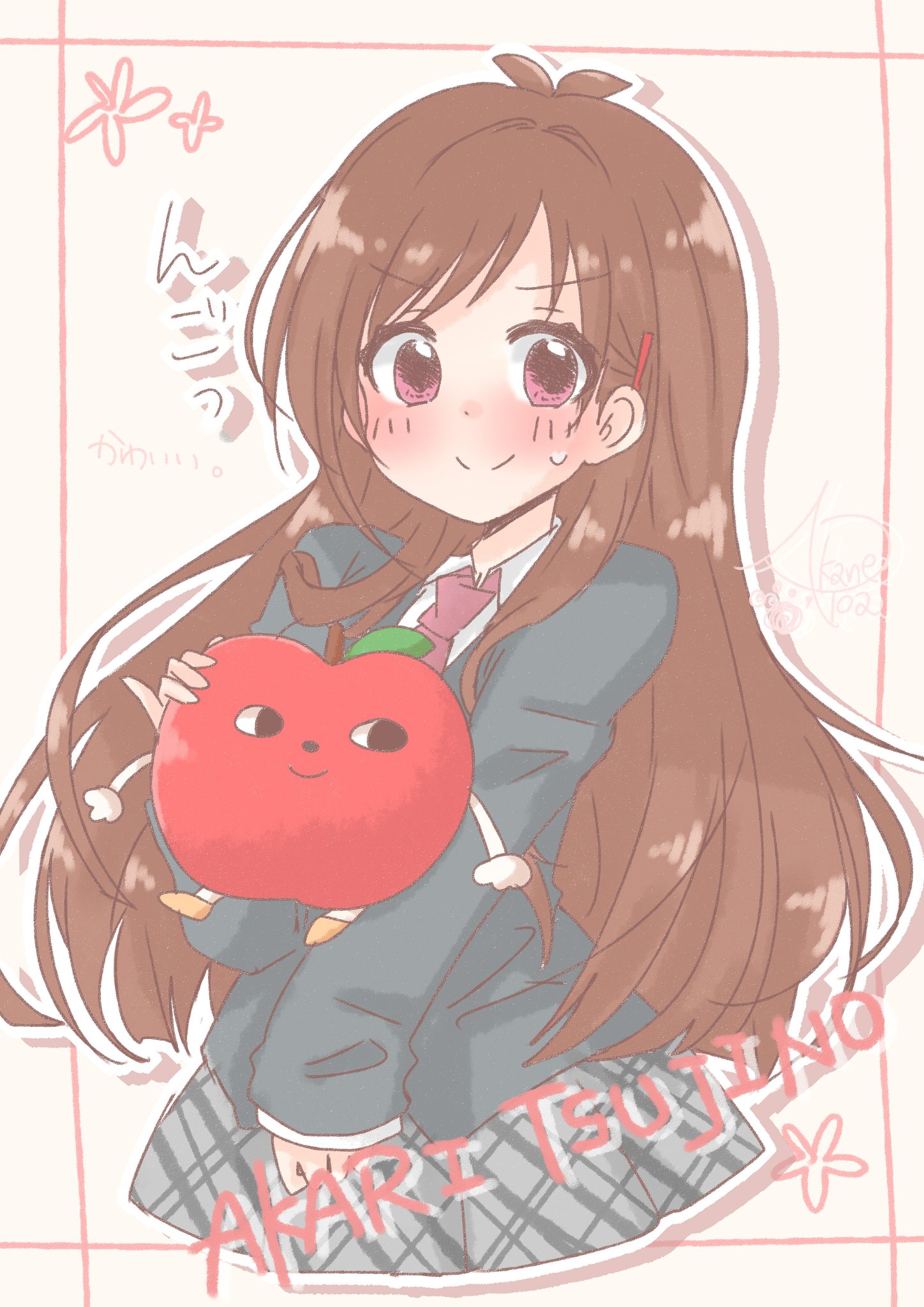 ringorou (idolmaster), tsujino akari, idolmaster, idolmaster cinderella girls, commentary request, highres, 1girl, aka 2336, antenna hair, black jacket, black skirt, blazer, blush, brown hair, character name, cropped legs, jacket, long hair, long sleeves, looking at viewer, necktie, pleated skirt, red eyes, red necktie, school uniform, shirt, skirt, smile, solo, straight hair, very long hair, white shirt