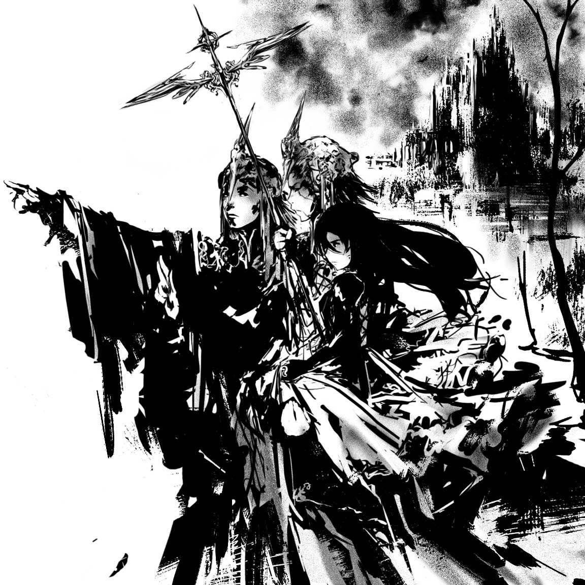 dan kim, penny tribute, 1girl, 2boys, abstract, castle, fantasy, greyscale, helmet, high contrast, long hair, looking to the side, monochrome, multiple boys, outstretched arm, pointing, profile, serious, standing, wide sleeves