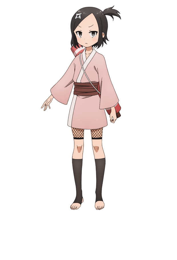 okuda yousuke, touwata (kunoichi tsubaki no mune no uchi), kunoichi tsubaki no mune no uchi, official art, 1girl, anime coloring, black eyes, black hair, blush, breasts, closed mouth, collarbone, fishnet shorts, fishnets, flat chest, full body, hair ornament, japanese clothes, kimono, long sleeves, looking at viewer, ninja, one side up, open hand, outstretched arm, pink kimono, scroll, scroll tube, short hair, short kimono, shuriken, shuriken hair ornament, sidelocks, simple background, solo, standing, tachi-e, toeless legwear, toes, transparent background, tsurime, v-shaped eyebrows, weapon, wide sleeves