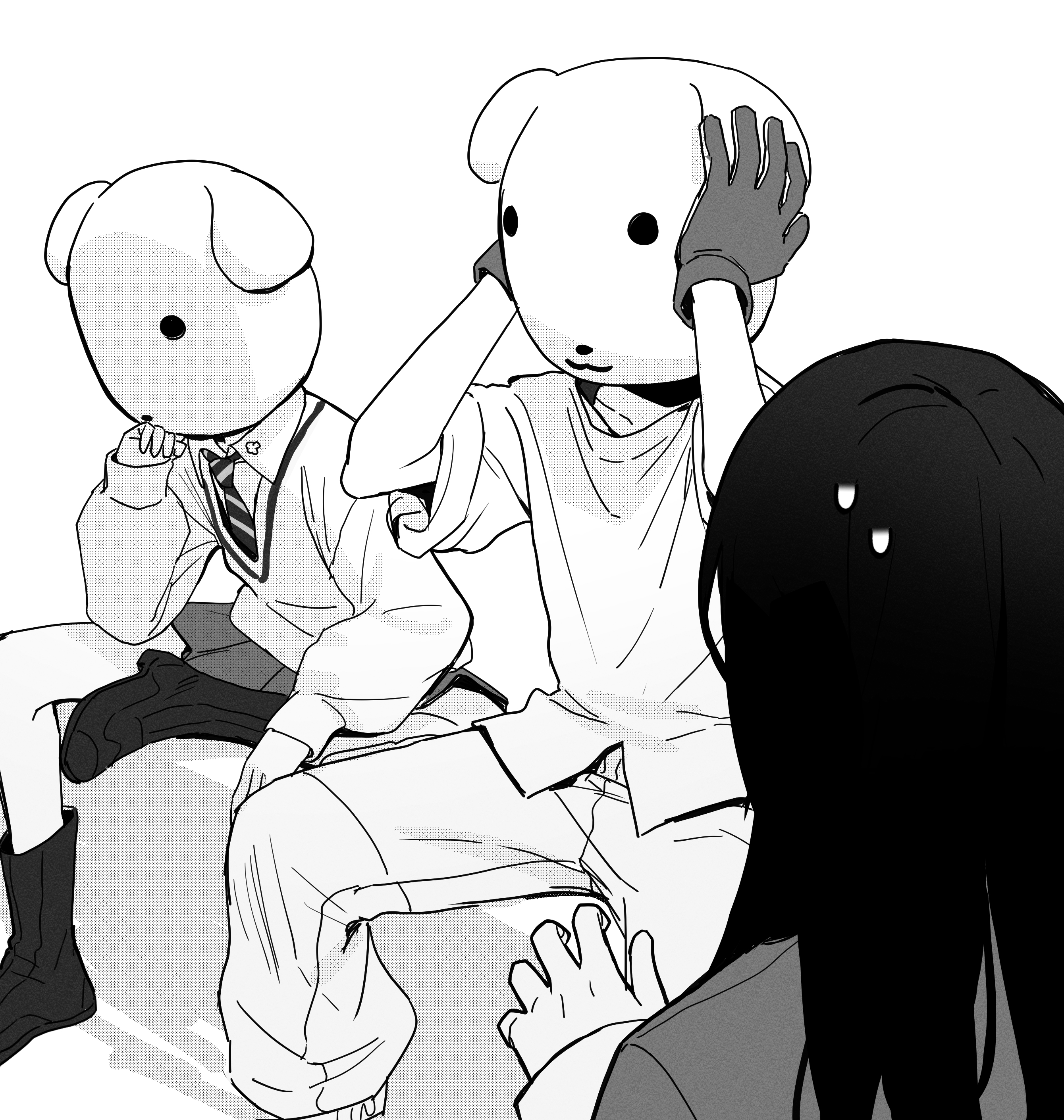 otakulifewow, amate yuzuriha, nyaan (gundam gquuuuuux), shuji ito, gundam, gundam gquuuuuux, absurdres, highres, 1boy, 2girls, collared shirt, figure-referenced, gloves, greyscale, long hair, mascot costume, monochrome, multiple girls, necktie, pants, school uniform, shirt, shoes, simple background, sitting, skirt, sweatdrop, sweater, white background