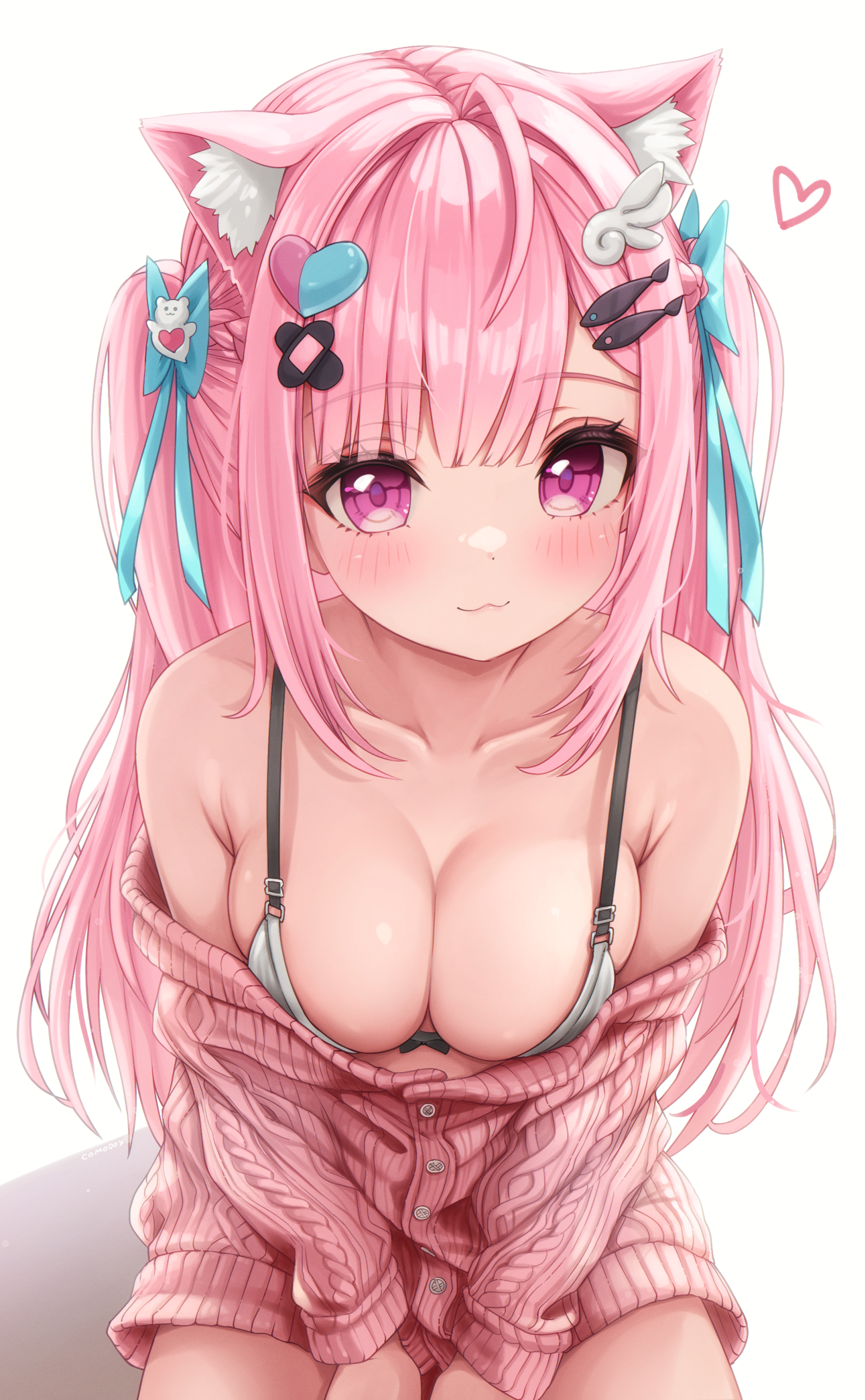 comodox, yuuki sakuna, indie virtual youtuber, absurdres, highres, 1girl, animal ear fluff, animal ears, bra, breasts, cat ears, cleavage, hair ornament, heart, heart hair ornament, long hair, looking at viewer, pink hair, solo, sweater, underwear