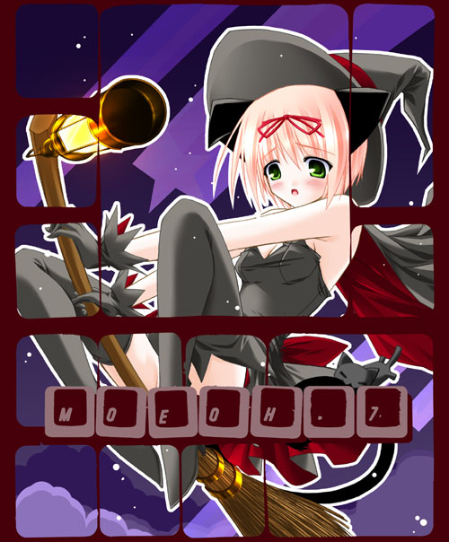 yuki usagi, original, 1girl, animal ears, broom, broom riding, cape, cat ears, female focus, solo, thighhighs, witch
