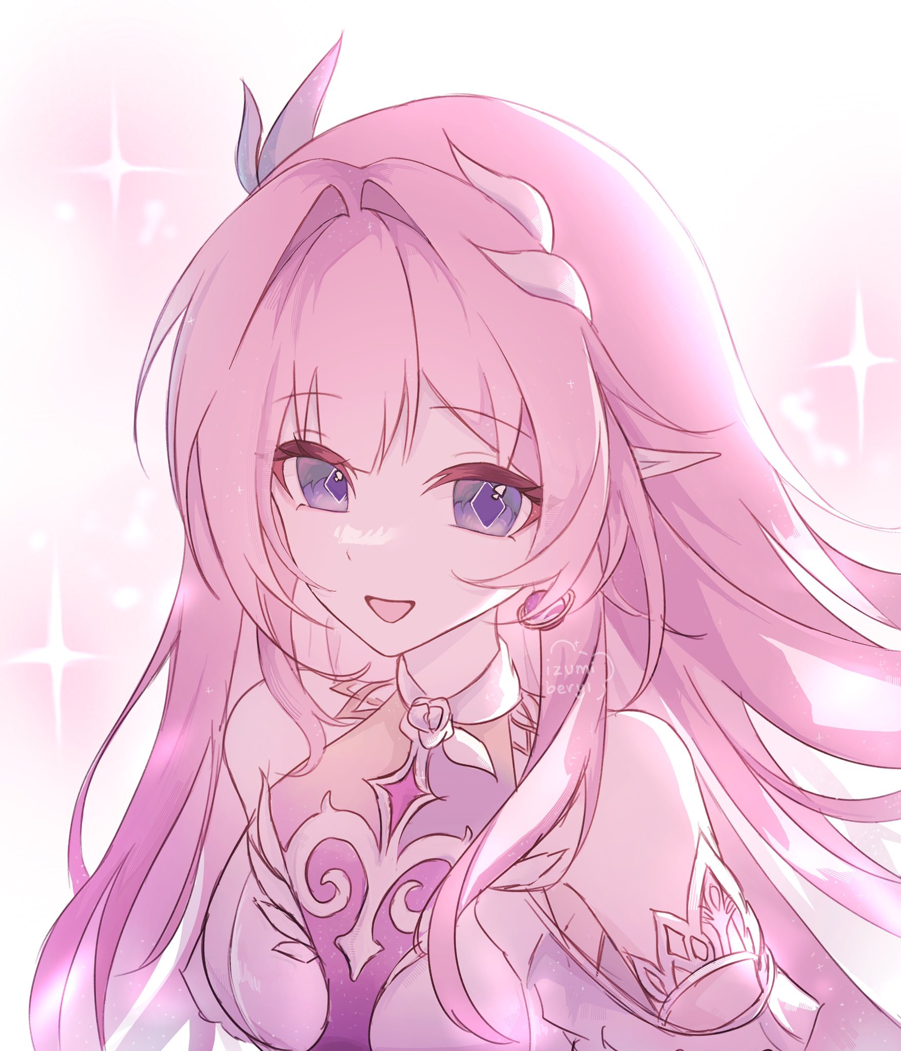 cyrene (honkai: star rail), cyrene (ripples of past reverie) (honkai: star rail), honkai: star rail, honkai (series), hashtag-only commentary, highres, 1girl, artist name, bare shoulders, breasts, detached sleeves, diamond-shaped pupils, diamond (shape), dress, earrings, izumiberyl art, jewelry, large breasts, long hair, looking at viewer, open mouth, pink hair, pointy ears, purple eyes, smile, solo, symbol-shaped pupils, upper body, very long hair, white dress