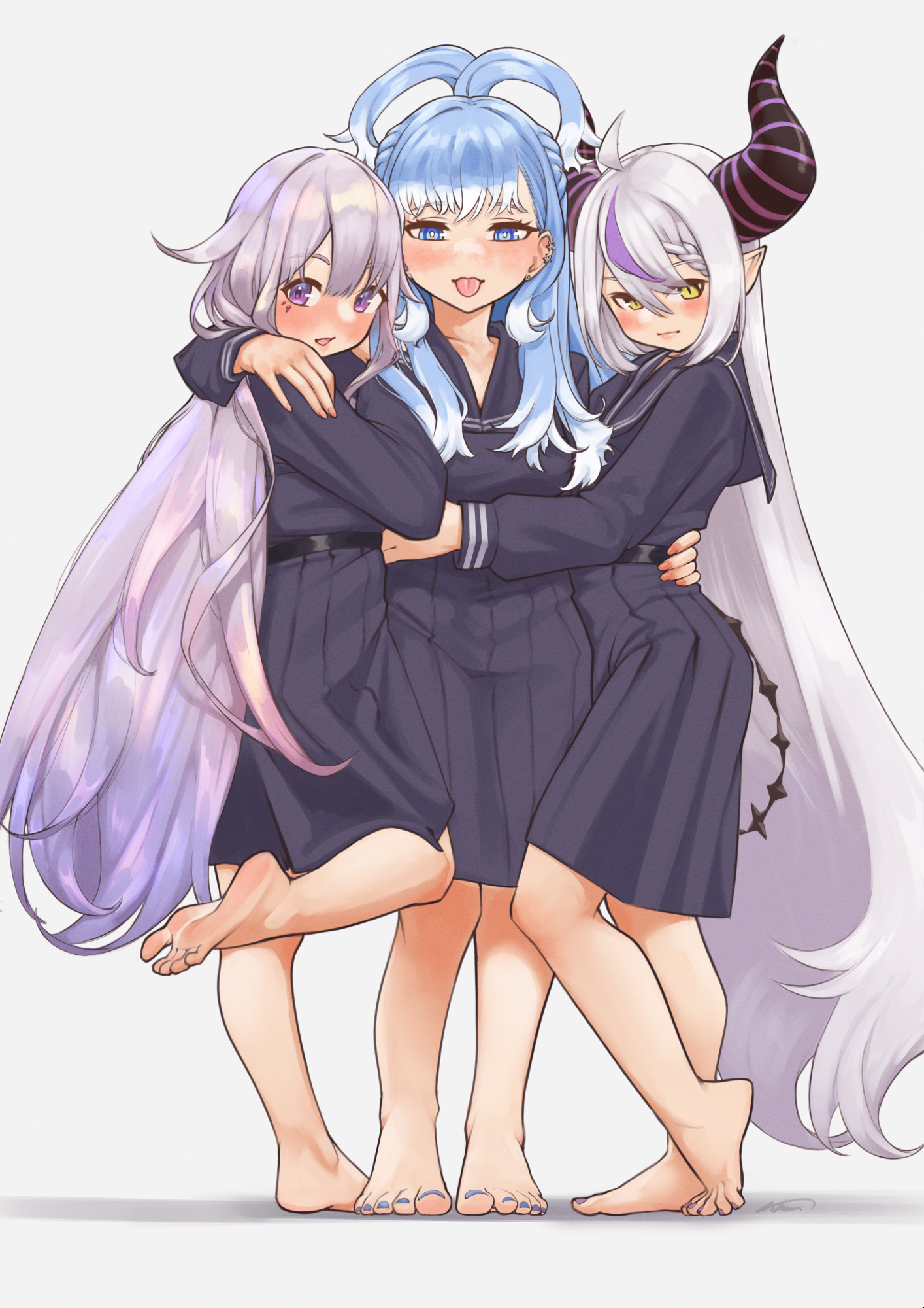 aiharararara, kobo kanaeru, koseki bijou, la+ darknesss, hololive, highres, 3girls, averting eyes, barefoot, belt, blue eyes, blue hair, blush, breasts, closed mouth, demon girl, demon horns, dress, ear piercing, eyebrows hidden by hair, flat chest, from side, full body, girl sandwich, hair between eyes, hair rings, hand on another's hip, hand on another's shoulder, horns, hug, long hair, looking at viewer, looking to the side, medium breasts, multiple girls, nail polish, open mouth, piercing, pointy ears, purple dress, purple eyes, purple hair, sandwiched, school uniform, simple background, slit pupils, soles, standing, standing on one leg, toenail polish, toenails, toes, tongue, tongue out, very long hair, white background