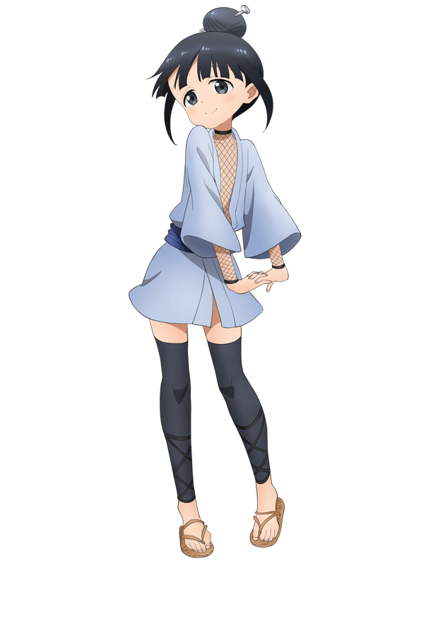 okuda yousuke, mokuren (kunoichi tsubaki no mune no uchi), kunoichi tsubaki no mune no uchi, official art, 1girl, anime coloring, bent over, black eyes, black hair, black thighhighs, blue kimono, blue sash, blush, closed mouth, fishnet sleeves, fishnet top, fishnets, flat chest, full body, hair bun, hair ornament, hair stick, japanese clothes, kimono, looking at viewer, ninja, obi, open clothes, open kimono, sash, short hair, short kimono, sidelocks, simple background, single hair bun, smile, solo, standing, stretching, tachi-e, tareme, thighhighs, transparent background, waraji, wide sleeves