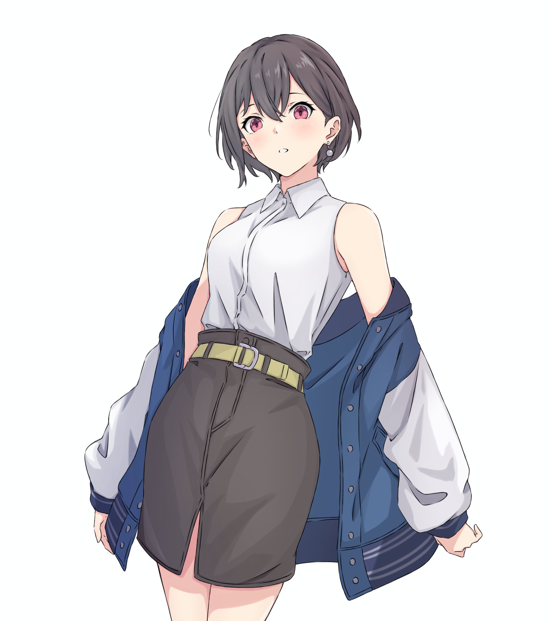 a whydc, kanade (kanade 3344), takamatsu tomori, bang dream!, bang dream! it's mygo!!!!!, artist collaboration, commentary request, highres, 1girl, belt, blue jacket, breasts, collared shirt, dress shirt, earrings, grey hair, grey skirt, indonesian commentary, jacket, jewelry, looking at viewer, medium breasts, off shoulder, open clothes, open jacket, open mouth, pink eyes, shirt, shirt tucked in, short hair, simple background, single earring, skirt, solo, white background, white shirt, yellow belt