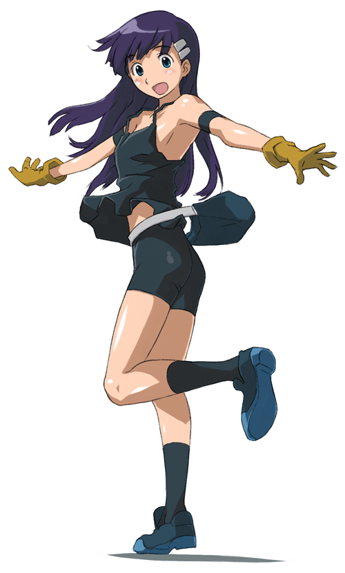 imo works, kiyal bachika, tengen toppa gurren lagann, 00s, 1girl, armband, armpits, ass, bag, bare shoulders, bike shorts, blue eyes, blush, camisole, female focus, flat chest, gloves, hair ornament, handbag, long hair, looking back, midriff, no bra, open mouth, purple hair, shoes, shorts, socks, solo, standing, standing on one leg