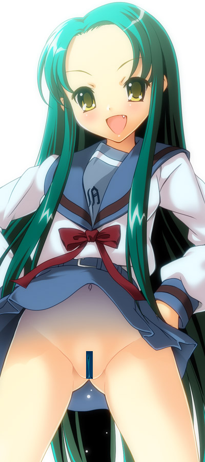 fugetsu taku, tsuruya, suzumiya haruhi no yuuutsu, 00s, 1girl, bar censor, blush, bottomless, censored, fang, female focus, green hair, happy, long hair, looking at viewer, navel, no panties, open mouth, pointless censoring, pussy, school uniform, serafuku, simple background, smile, solo, very long hair, white background, yellow eyes
