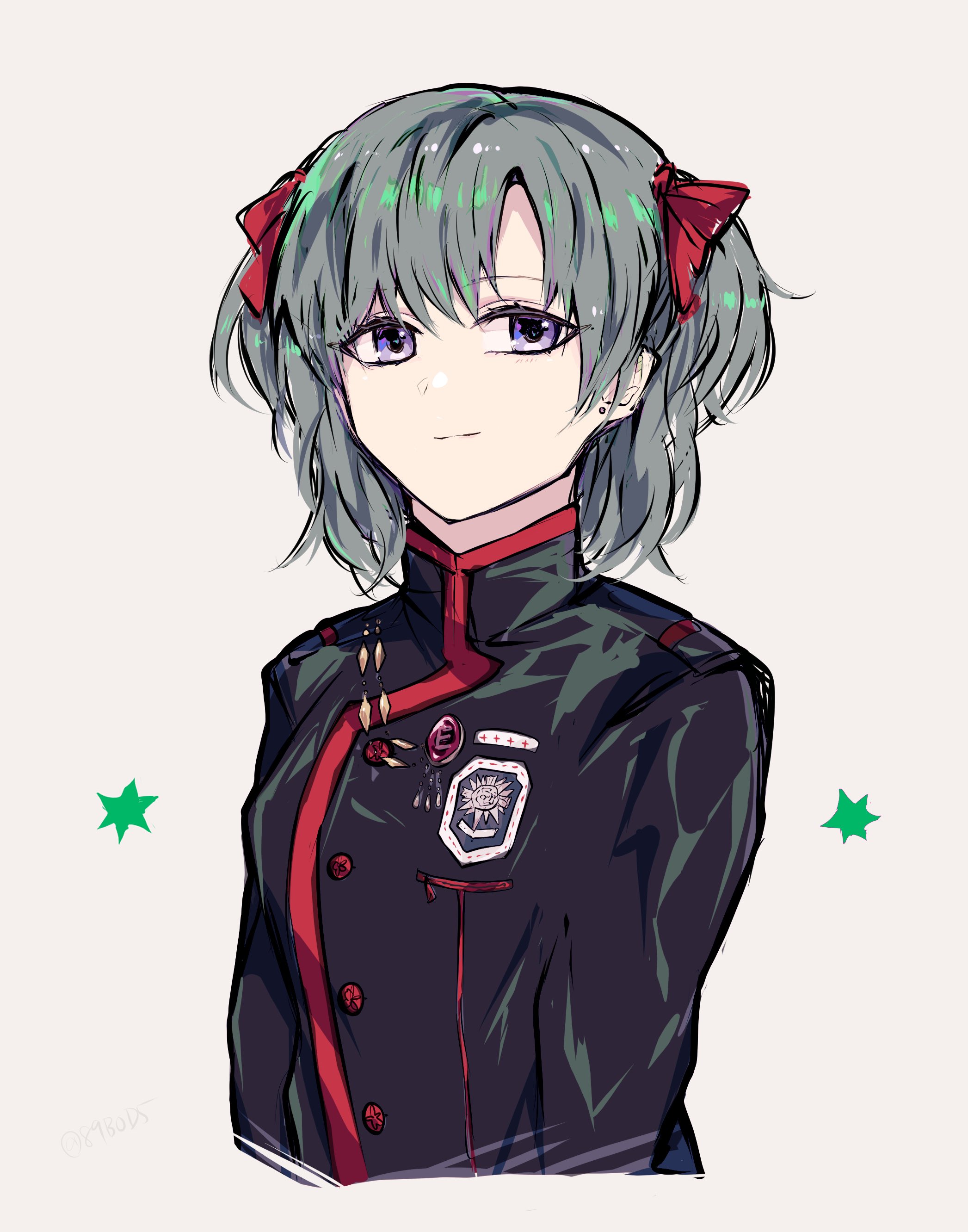 sodamachi, lenalee lee, d.gray-man, absurdres, highres, 1girl, badge, black coat, black order uniform, bow, buttons, chain, coat, collared coat, cross, earrings, gold chain, green hair, green star, grey background, hair between eyes, hair bow, hair ribbon, jewelry, light smile, looking at viewer, mandarin collar, military, military uniform, purple eyes, red bow, red ribbon, ribbon, short hair, sidelocks, simple background, solo, star (symbol), striped coat, stud earrings, two side up, vertical-striped coat