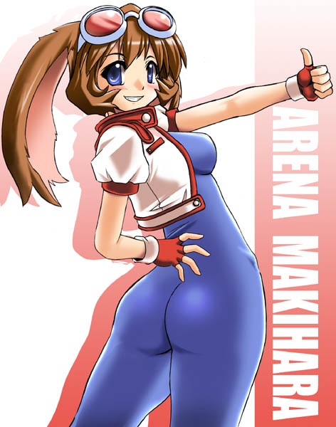 tonpuu, makihara arina, waku waku 7, 1girl, animal ears, ass, blue bodysuit, blue eyes, bodysuit, brown hair, character name, female focus, fingerless gloves, gloves, goggles, goggles on head, latex, rabbit ears, smile, solo, thumbs up, unitard