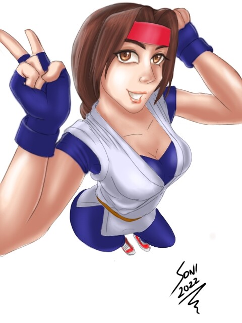 yuri sakazaki, the king of fighters, 1girl, breasts, brown eyes, brown hair, cleavage, dougi, elton jose, female focus, gloves, hairband, hand up, hands up, karate gi, large breasts, leggings, long hair, looking at viewer, shoes, smile, smiley face, sneakers, soniblast, standing, thick thighs, thighs