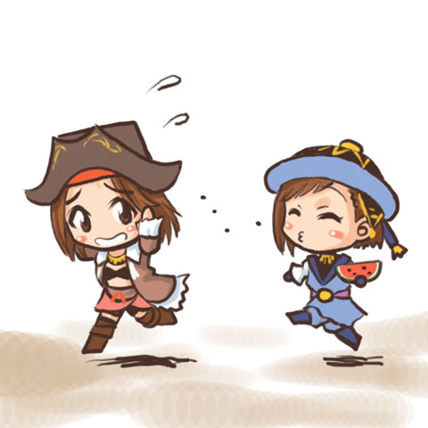 nakayama saki, blue mage (final fantasy), corsair (final fantasy), final fantasy, final fantasy xi, lowres, 00s, 2girls, chibi, corsair, food, fruit, holding, holding food, holding fruit, holding watermelon, hume, multiple girls, o3o, pirate, seed, spitting, thighhighs, watermelon