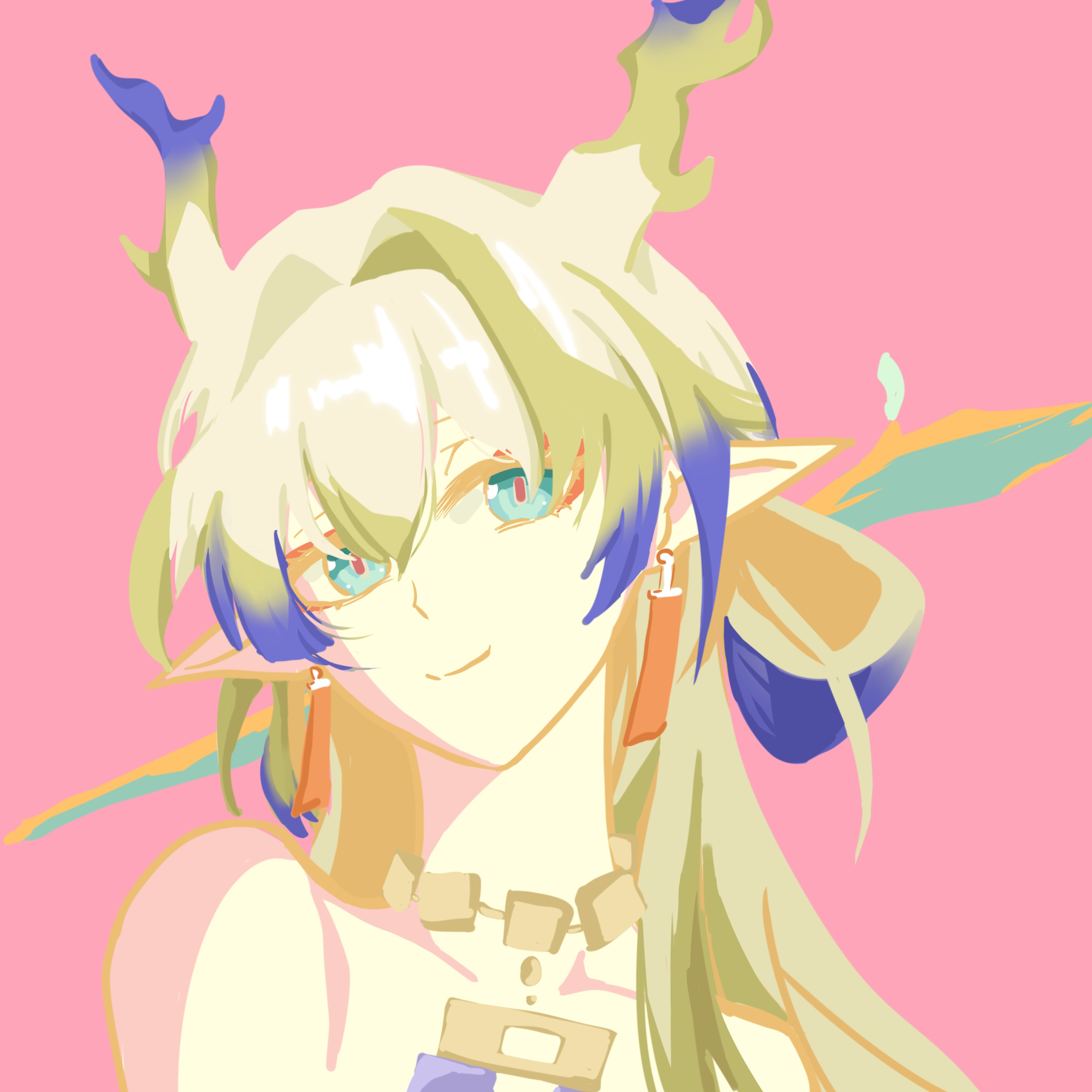 shu (arknights), arknights, absurdres, chinese commentary, commentary request, highres, 1girl, aqua eyes, bare shoulders, blonde hair, blue hair, closed mouth, dragon girl, dragon horns, earrings, hair between eyes, hair intakes, horns, jewelry, long hair, looking at viewer, multicolored hair, necklace, pink background, pointy ears, portrait, simple background, smile, solo, two-tone hair, zhi chun