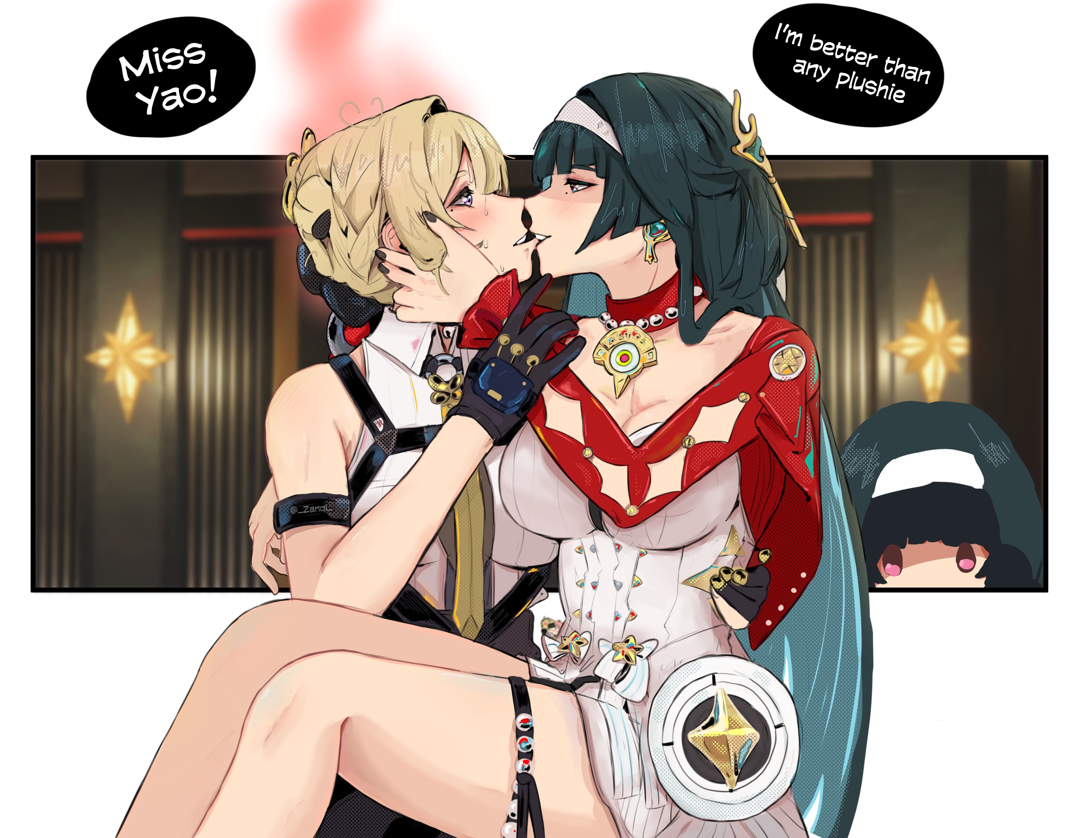 zanqi, astra yao, evelyn chevalier, zenless zone zero, absurdres, highres, 2girls, arm strap, bare shoulders, biting, biting another's lip, black gloves, black hair, black nails, black pants, blonde hair, blush, breasts, chest harness, cleavage, dress, earrings, gloves, hair ornament, hairband, hand on another's face, harness, high-waist pants, jewelry, kiss, large breasts, long hair, mole, mole under eye, multiple girls, necklace, necktie, pants, pearl necklace, purple eyes, red eyes, ring hair ornament, short hair, sitting, sitting on lap, sitting on person, smile, speech bubble, stuffed toy, sweat, thigh beads, thighs, tight clothes, tight pants, white dress, white hairband, yellow necktie, yuri