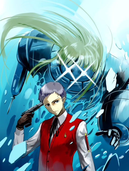adachi yousuke, polydeuces, sanada akihiko, atlus, persona, persona 3, 1boy, evoker, gun, male focus, school uniform, serafuku, weapon