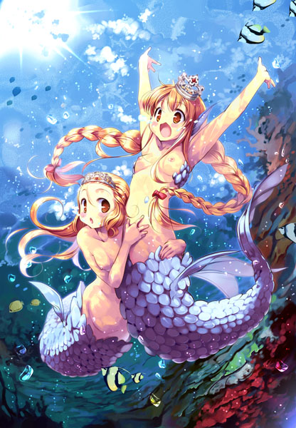 hanpen, original, 2girls, :d, :o, arms around waist, arms up, blonde hair, blush stickers, braid, breasts, completely nude, coral, crown, fins, fish, head fins, lens flare, long hair, mermaid, monster girl, multiple girls, nipples, no nose, nude, open mouth, outstretched arms, scales, small breasts, smile, sun, tiara, topless female, tropical fish, twin braids, underwater, very long hair