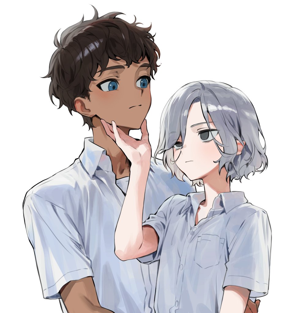 mayomayoland, kabru, mithrun, dungeon meshi, 2boys, bags under eyes, black eyes, black hair, blue eyes, blush, collared shirt, curly hair, dark-skinned male, dark skin, elf, grey hair, hand on another's chin, lazy eye, male focus, multiple boys, notched ear, pointy ears, shirt, short hair, short sleeves, simple background, uneven eyes, upper body, white background, white shirt, yaoi