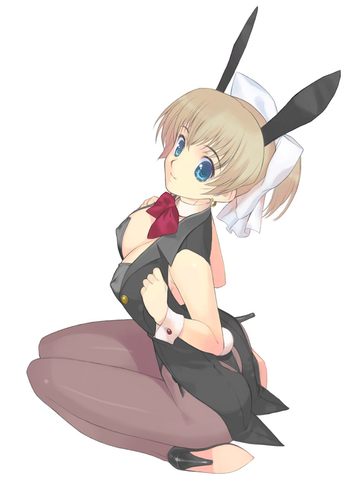 mibu natsuki, original, 1girl, animal ears, blonde hair, blue eyes, bow, bowtie, breasts, brown hair, cleavage, coattails, earrings, fake animal ears, female focus, hair bow, high heels, jewelry, large breasts, leotard, pantyhose, playboy bunny, ponytail, rabbit ears, red bow, ribbon, solo, tailcoat, white ribbon, wrist cuffs