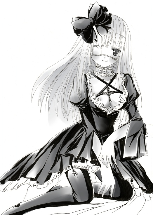 niwaka yuan, yun (artist), original, 1girl, eyepatch, female focus, goth fashion, nipples, solo, thighhighs