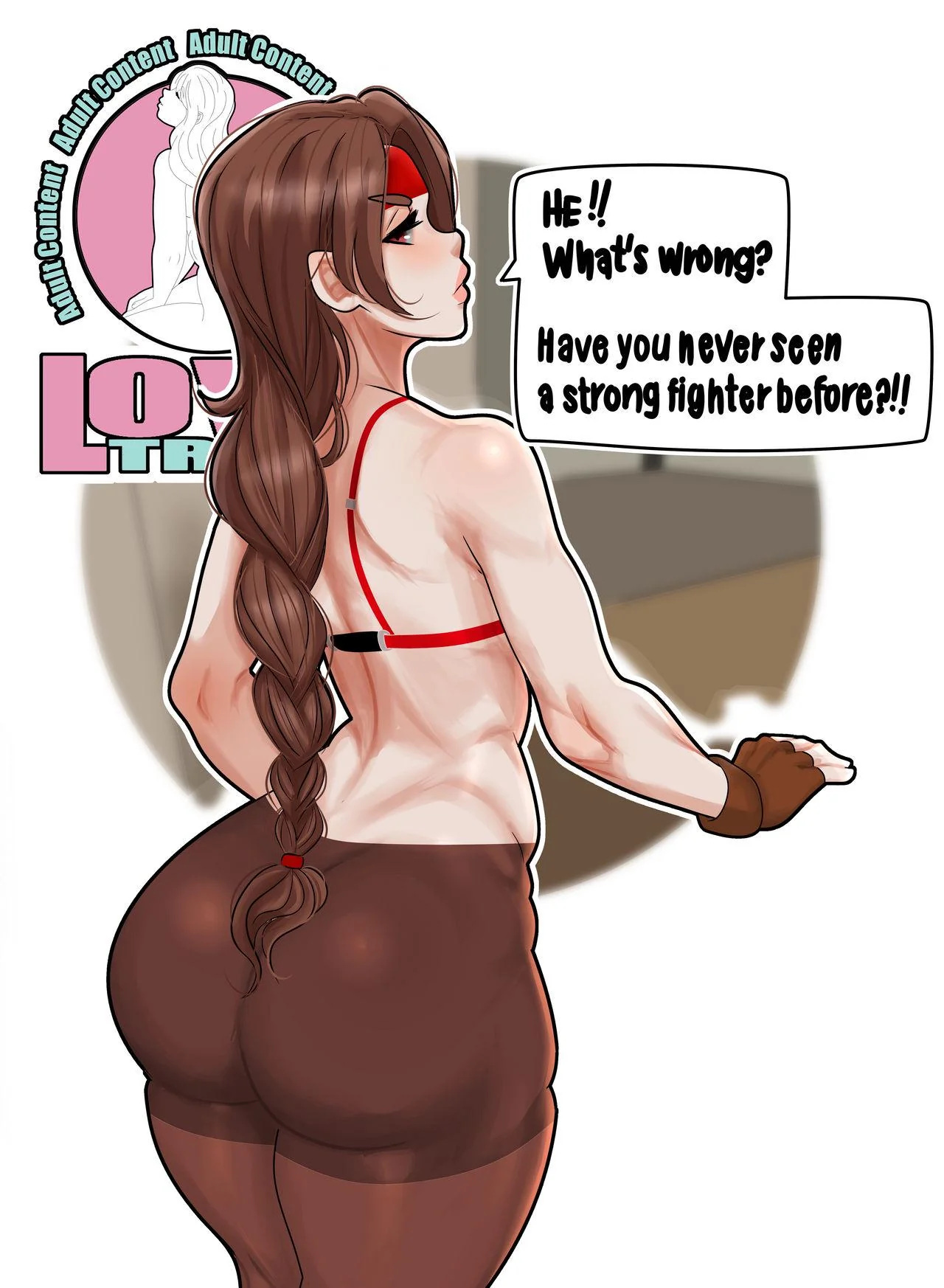 yuri sakazaki, the king of fighters, 1girl, ass, braid, braided ponytail, brown eyes, brown hair, english text, female focus, from behind, gloves, huge ass, leggings, long hair, looking at viewer, looking back, lovetrend01, pale skin, pants, pantyhose, ponytail, shirt, skin tight, spandex, thick thighs, thighs, tight clothes, tight pants, wide hips