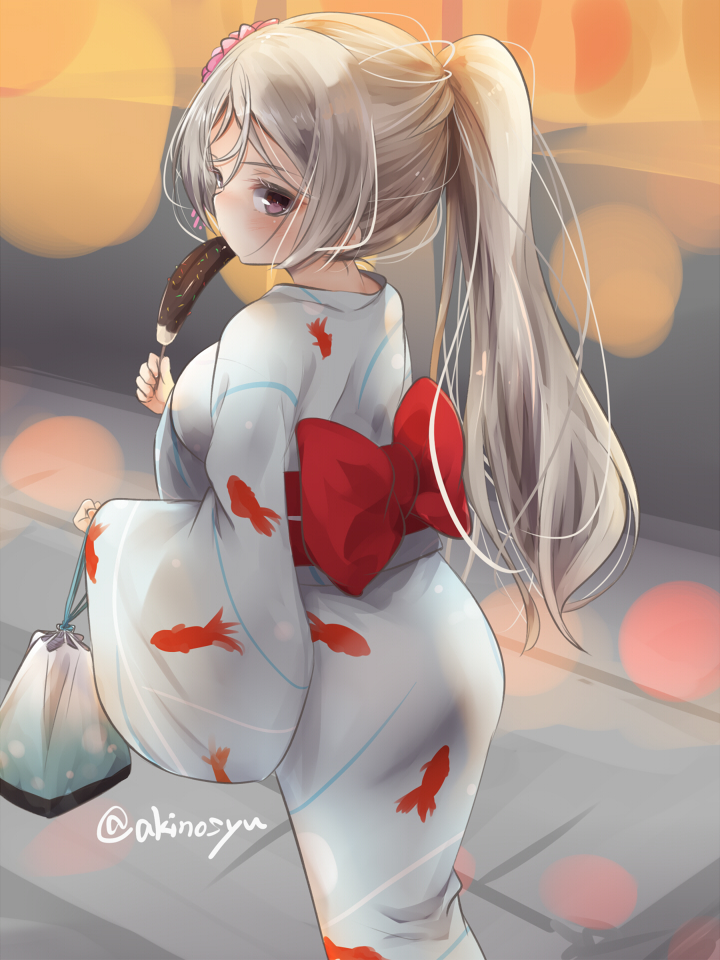 akino shuu, conte di cavour (kancolle), conte di cavour (yukata) (kancolle), kantai collection, commentary request, 1girl, animal print, breasts, chocolate-covered food, chocolate banana, fish print, food, goldfish print, grey hair, japanese clothes, kimono, large breasts, long hair, solo, yukata
