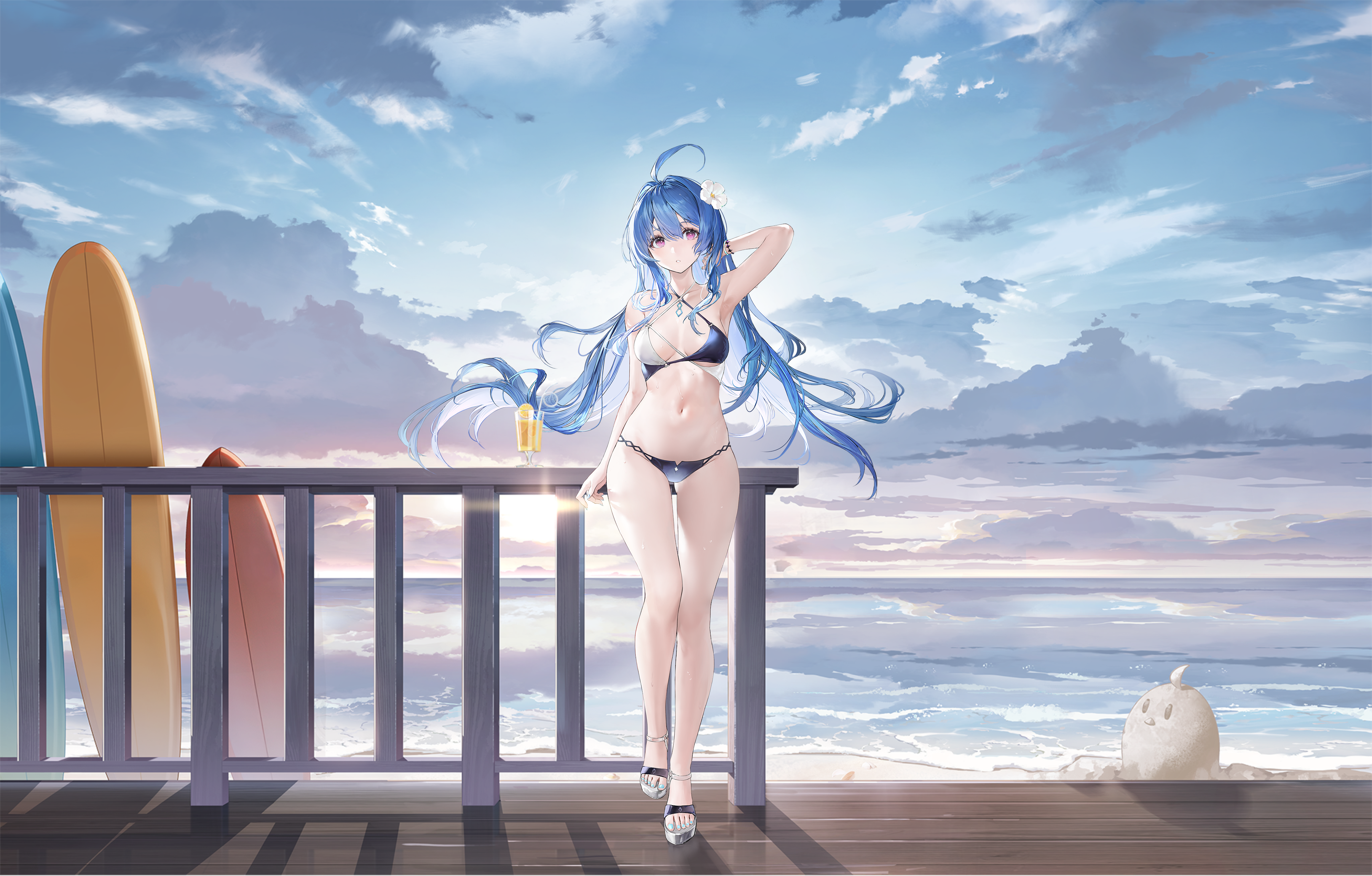 haori io, helena (azur lane), helena (shimmering triangle wave) (azur lane), azur lane, absurdres, highres, non-web source, official art, revision, 1girl, ahoge, arm up, armpits, bikini, black bikini, blue hair, breasts, cloud, cloudy sky, criss-cross halter, cup, drink, drinking glass, drinking straw, flower, hair flower, hair ornament, halterneck, hand in own hair, long hair, looking at viewer, medium breasts, multicolored bikini, multicolored swimsuit, navel, official alternate costume, palm leaf, palm tree, purple eyes, railing, sky, solo, stomach, swimsuit, tree, two-tone bikini, very long hair, white bikini, white flower, wooden railing, wristband