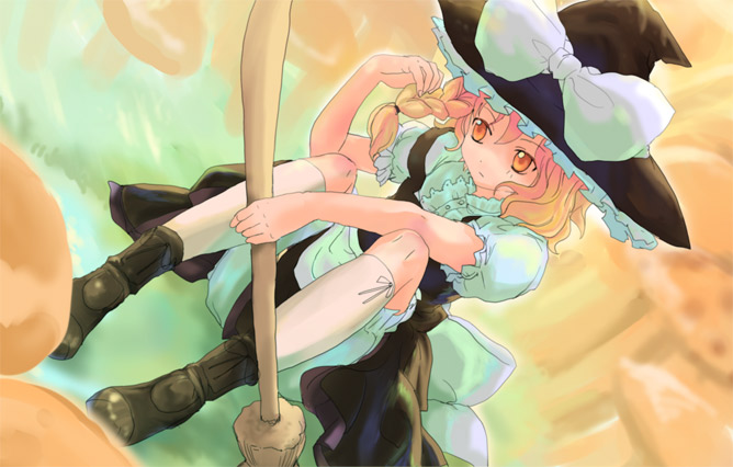 nanami sano, kirisame marisa, touhou, 1girl, braid, broom, female focus, hat, nature, plant, solo, witch, witch hat