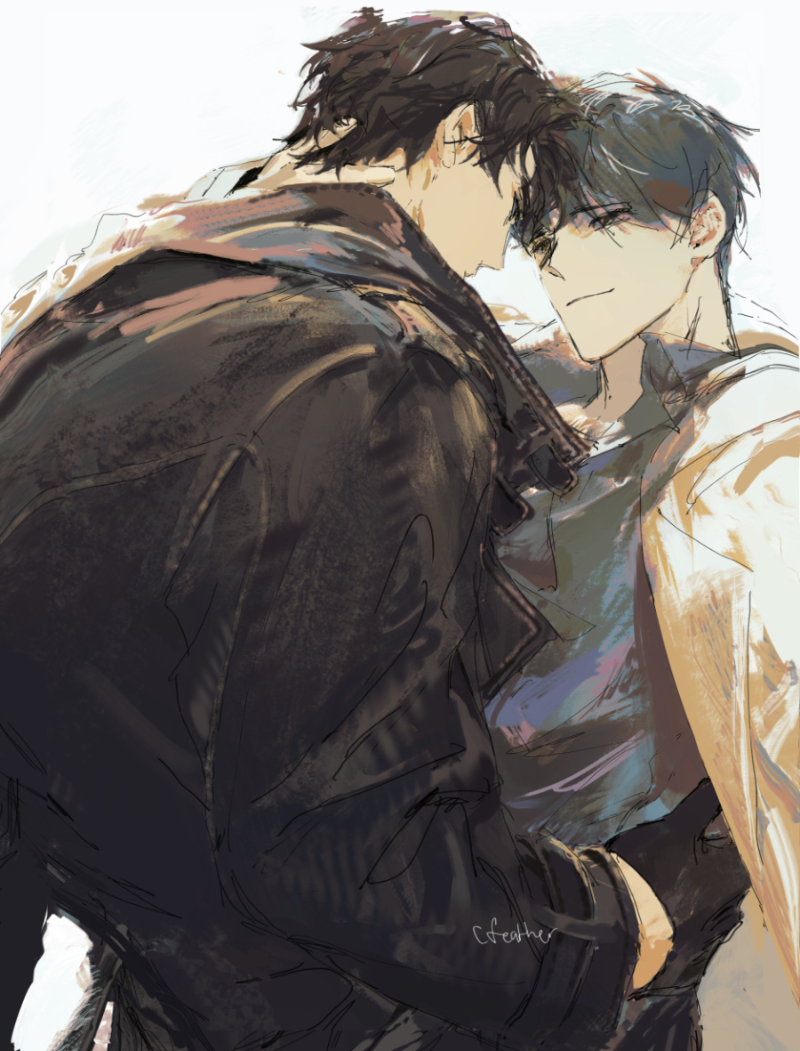 cfeather8, kim dokja, yoo joonghyuk, omniscient reader's viewpoint, 2boys, black coat, black eyes, black gloves, black hair, coat, cowboy shot, forehead-to-forehead, gloves, hand on another's waist, heads together, hug, looking at another, male focus, multiple boys, muscular, muscular male, open clothes, open coat, popped collar, short hair, slouching, smile, white coat, yaoi