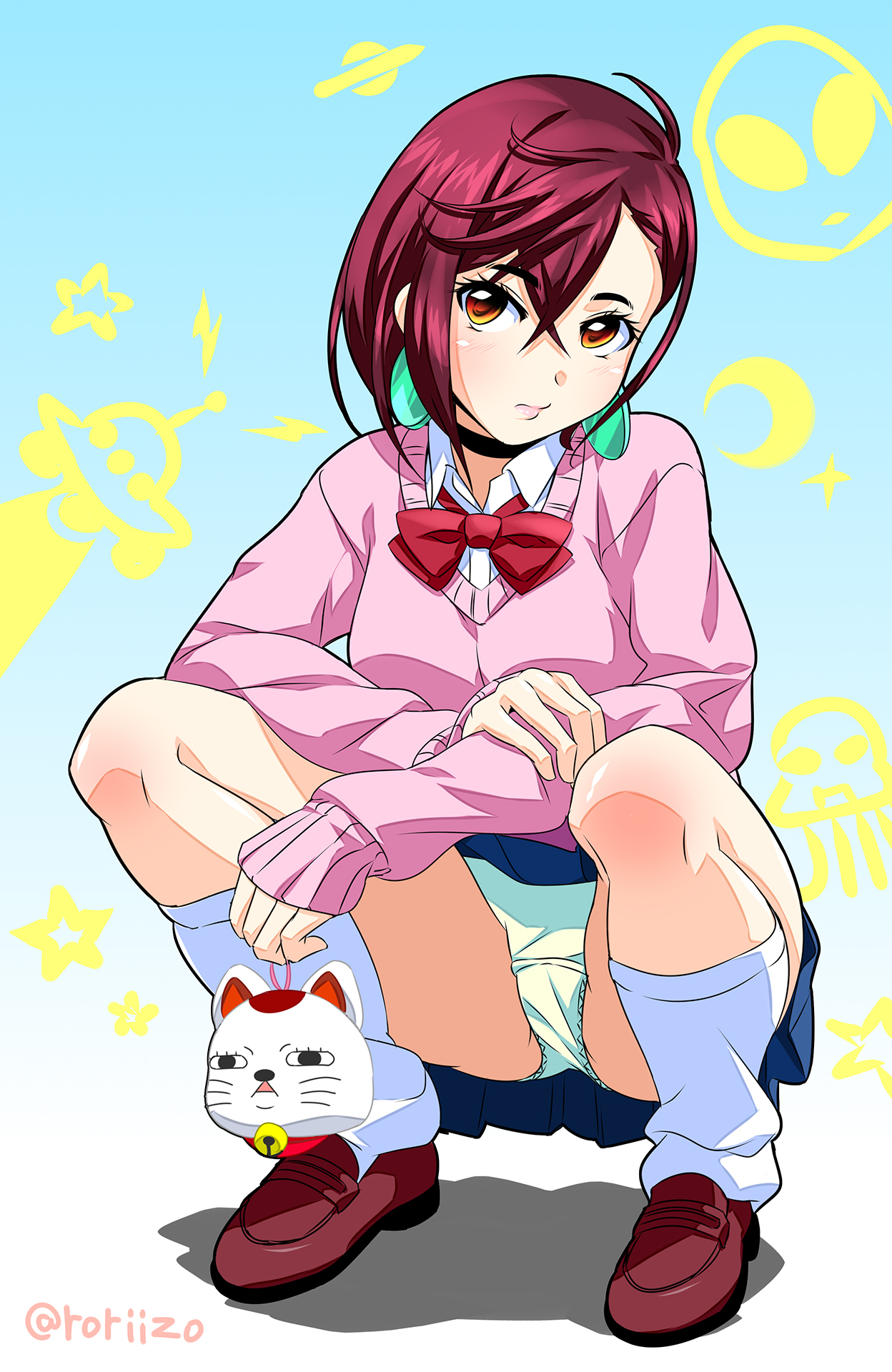 roriizo, ayase momo, turbo granny (dandadan), dandadan, 1girl, alien, blue background, blue skirt, blush, bow, bowtie, breasts, brown eyes, brown hair, brown shoes, choker, crescent, crescent moon, crotch seam, earrings, gradient background, holding, jewelry, lightning bolt symbol, long sleeves, looking at viewer, loose socks, maneki-neko, moon, panties, pink sweater, planet, red bow, red bowtie, school uniform, shirt, shoes, short hair, skirt, small breasts, socks, sparkle, squatting, star (symbol), sweater, ufo, underwear, white panties, white shirt, white socks