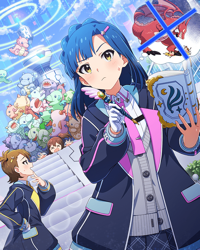 futami ami, kasuga mirai, nanao yuriko, idolmaster, idolmaster million live!, idolmaster million live! theater days, game cg, official art, blue hair, book, braid, brown hair, buttons, card (medium), cardigan, cloud, dragon, gloves, holding, imagining, jacket, necktie, open book, open mouth, pen, side ponytail, side profile, single glove, stairs, stuffed toy, x x, yellow eyes