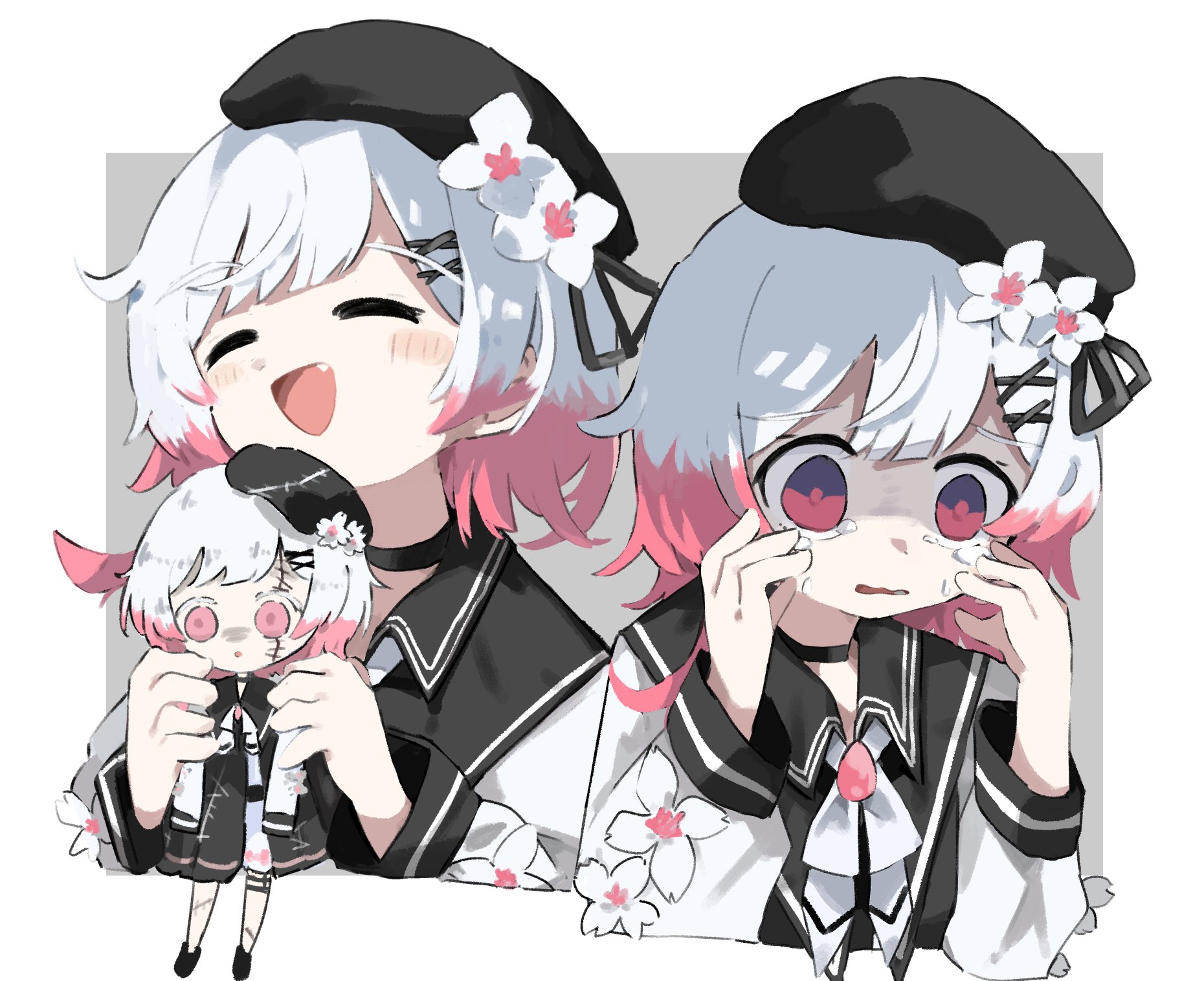 azana, sakuraba ema, mahou shoujo no majo saiban, highres, 1girl, beret, black collar, black dress, black hat, character doll, collar, crying, doll, dress, fang, flower, flower ornament, gradient hair, hair flower, hair ornament, hat, hat flower, magical girl, multicolored hair, multiple views, pink eyes, pink hair, shaded face, shirt, short hair, simple background, smile, two-tone background, white flower, white hair, white shirt, x hair ornament