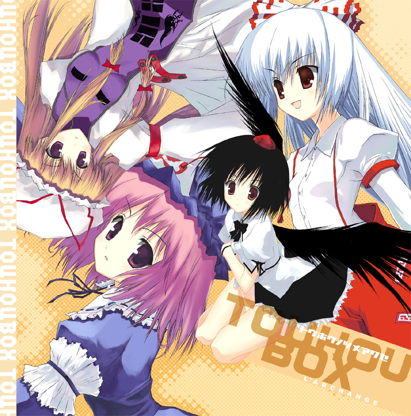 kagutsuchi (artist), kagutsuchi (l'archange), fujiwara no mokou, saigyouji yuyuko, shameimaru aya, yakumo yukari, touhou, 4girls, black hair, black wings, blonde hair, female focus, hat, multiple girls, red eyes, tokin hat, wings