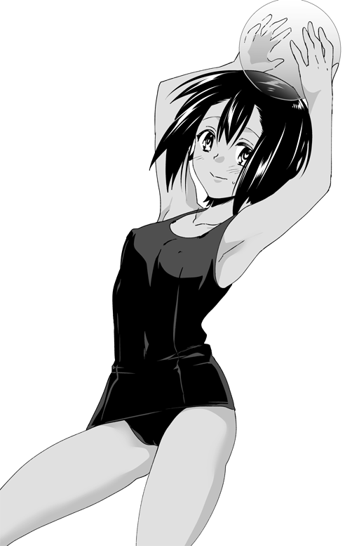 ikuhashi muiko, daitoku junna, robotics;notes, science adventure, 1girl, armpits, arms up, blush, bob cut, breasts, cameltoe, covered erect nipples, dark-skinned female, dark skin, greyscale, looking at viewer, monochrome, nervous sweating, one-piece swimsuit, short hair, simple background, small breasts, smile, solo, sweat, swimsuit, thighs, white background