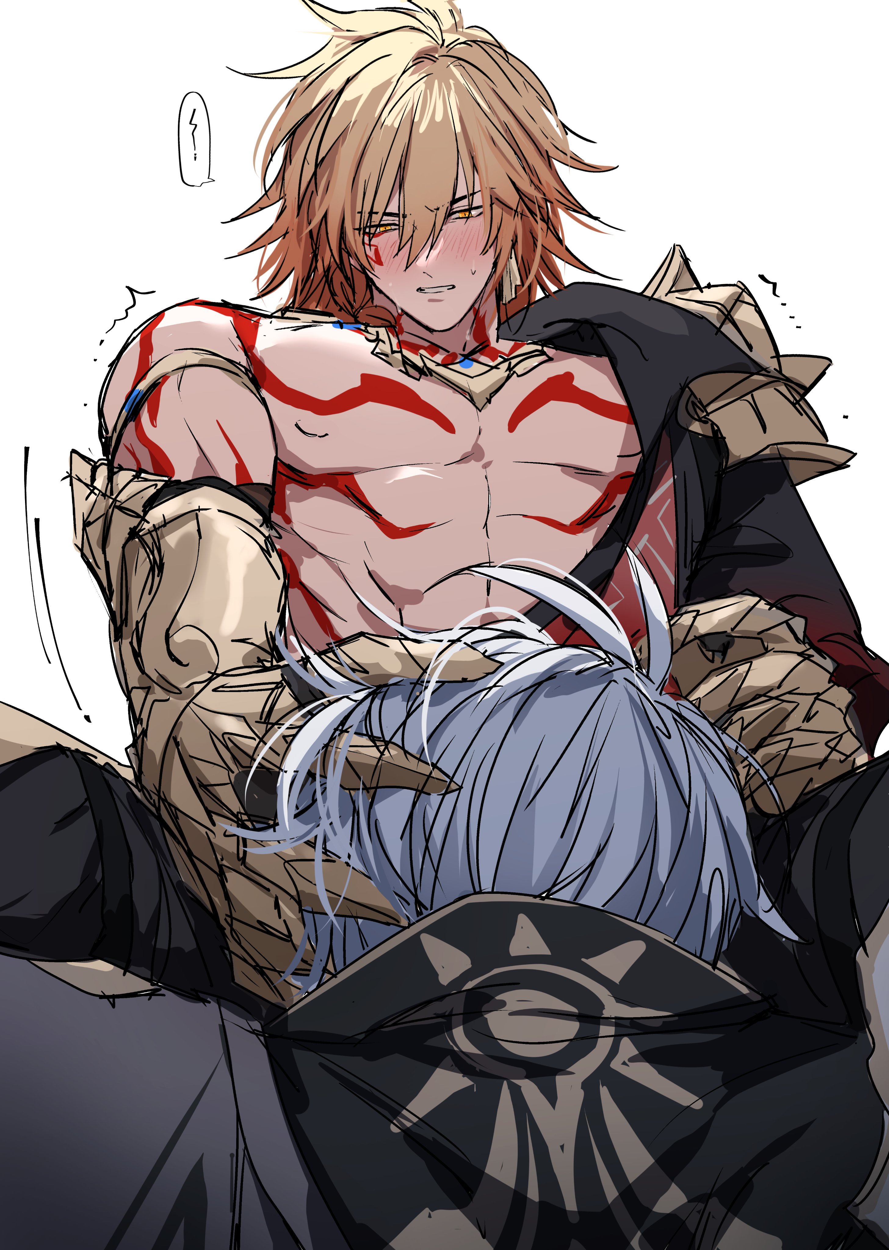 b bcollector, mydei (honkai: star rail), phainon (honkai: star rail), honkai: star rail, honkai (series), absurdres, hashtag-only commentary, highres, 2boys, abs, antenna hair, arm tattoo, armlet, armor, black coat, black pants, blonde hair, blush, braid, chest tattoo, clawed gauntlets, coat, facial tattoo, gradient hair, hand on another's head, implied fellatio, jewelry, male focus, medium hair, multicolored hair, multiple boys, open clothes, open coat, pants, pauldrons, red hair, red tattoo, sexually suggestive, short hair, shoulder armor, side braid, simple background, single pauldron, tattoo, toned, toned male, white background, white hair, yaoi, yellow eyes
