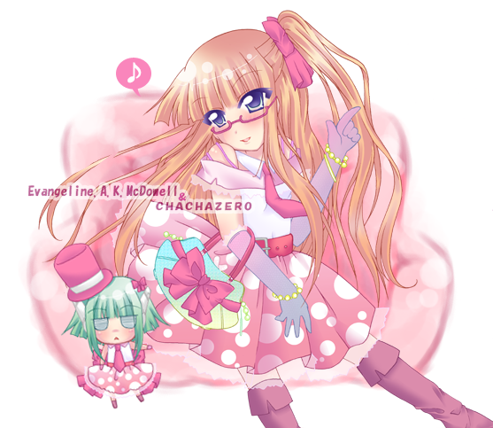 eimu, chachazero, evangeline a.k. mcdowell, mahou sensei negima!, 00s, 2girls, blue eyes, blunt bangs, blush, boots, elbow gloves, full body, glasses, gloves, head tilt, knee boots, multiple girls, musical note, orange hair, pink skirt, polka dot, polka dot skirt, purple gloves, quaver, red-framed eyewear, semi-rimless eyewear, simple background, skirt, speech bubble, spoken musical note, under-rim eyewear, vampire, white background