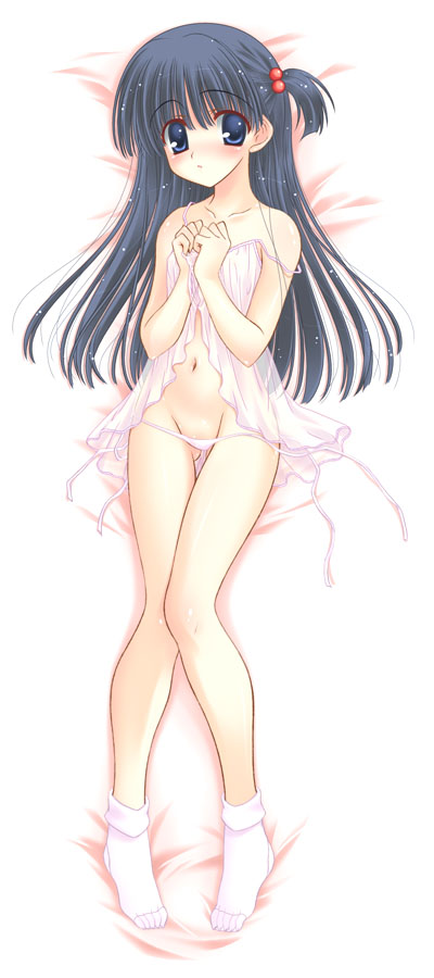fujimiya, kusakabe yuuki (to heart 2), to heart (series), to heart 2, 00s, 1girl, bed, blue eyes, chemise, feet, female focus, lowleg, lowleg panties, lying, navel, panties, socks, solo, strap slip, underwear