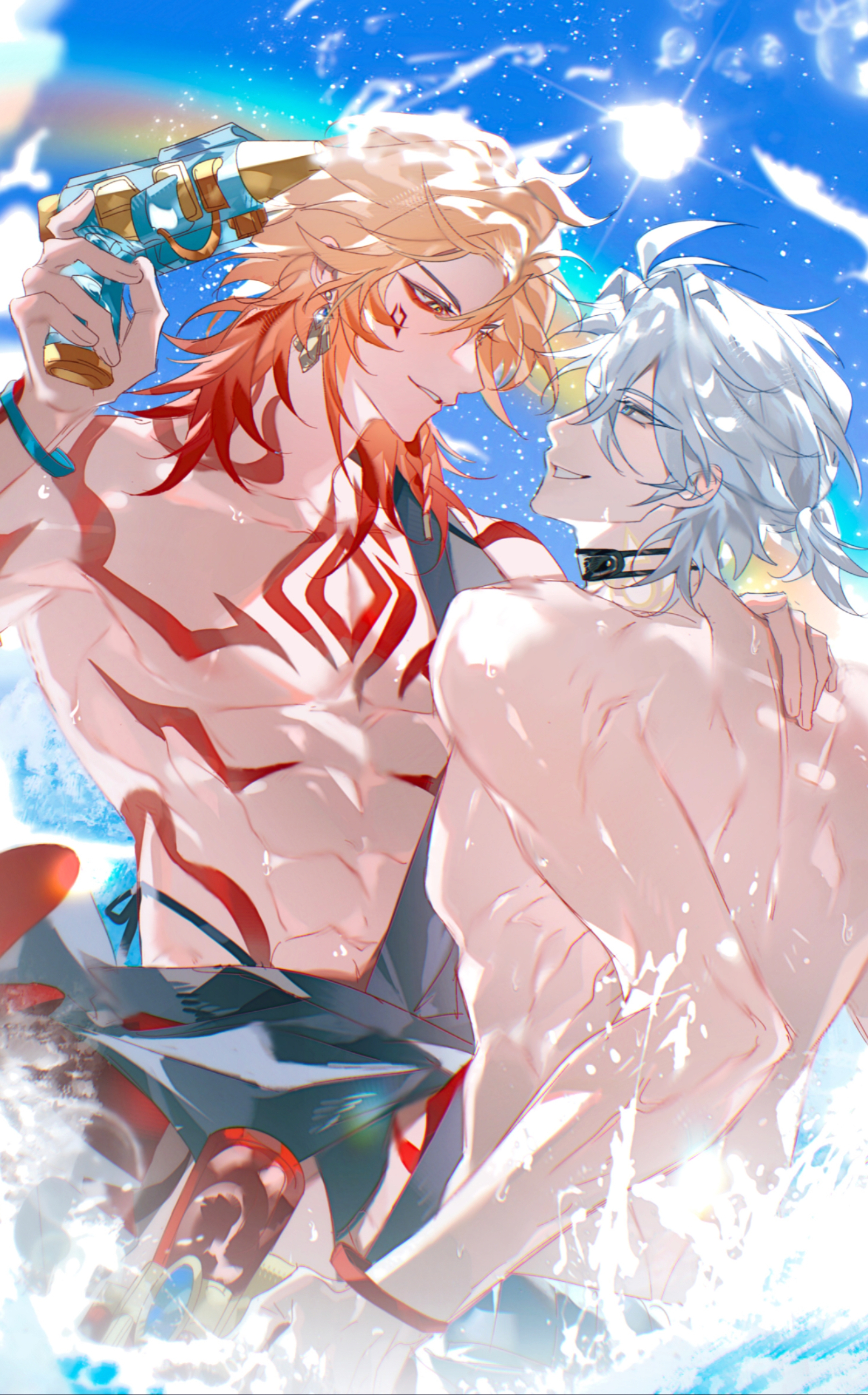 liaoxiaoyan0919, mydei (honkai: star rail), phainon (honkai: star rail), honkai: star rail, honkai (series), absurdres, chinese commentary, commentary request, highres, 2boys, abs, antenna hair, arm tattoo, black choker, blonde hair, blue eyes, blue sky, braid, chest tattoo, choker, earrings, facial tattoo, gold earrings, gradient hair, hand on another's shoulder, holding, holding water gun, jewelry, male focus, medium hair, multicolored hair, multiple boys, neck tattoo, red hair, red tattoo, short hair, side braid, sky, sun symbol, sun tattoo, tan, tattoo, toned, toned male, water gun, white hair, yaoi, yellow eyes