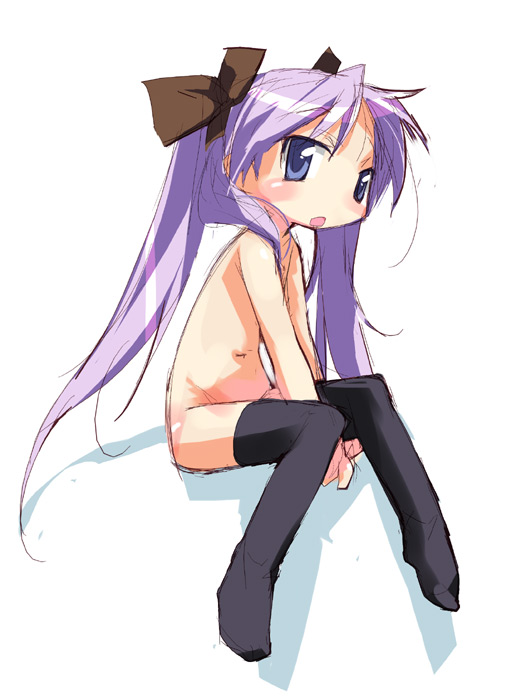 e=mc2 (mosimosi), hiiragi kagami, lucky star, 00s, bow, chibi, flat chest, loli, long hair, nude, purple hair, sketch, solo, thighhighs, twintails