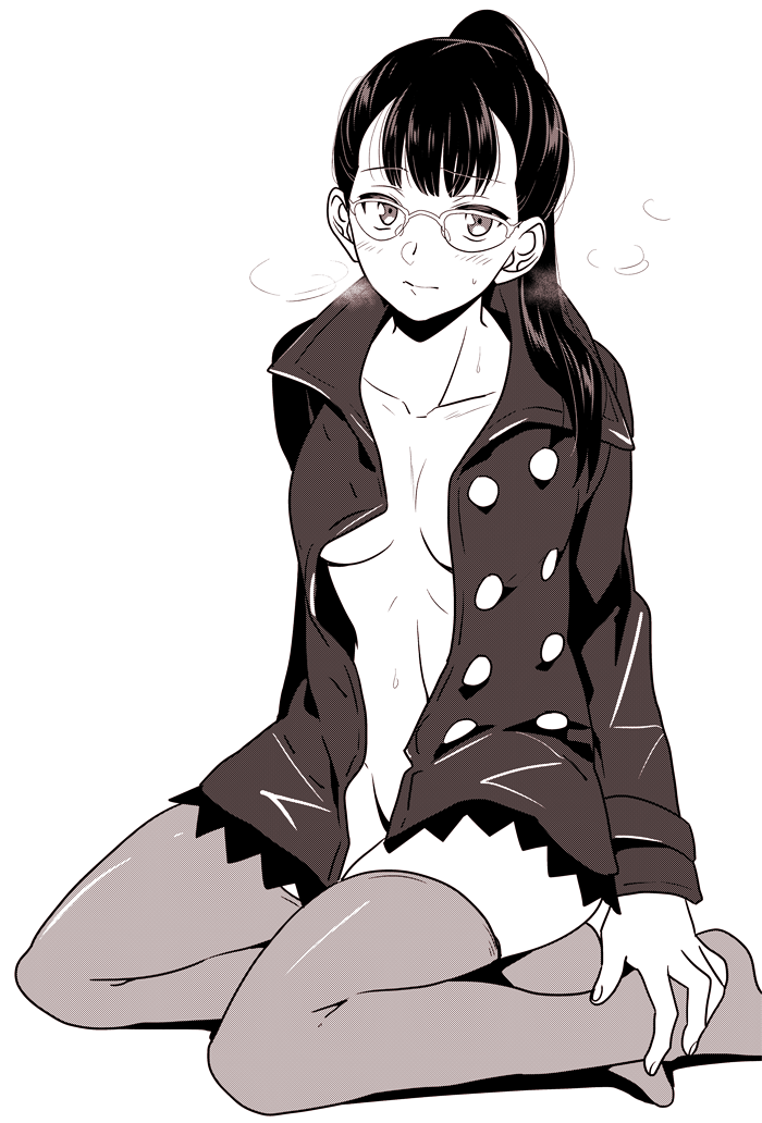 ikuhashi muiko, sumikaze touko, occultic;nine, science adventure, 1girl, black coat, black hair, blush, breasts, buttons, cleavage, coat, collarbone, double-breasted, glasses, greyscale, high ponytail, kneeling, long hair, looking at viewer, medium breasts, monochrome, naked coat, nervous sweating, nude, open clothes, open coat, ponytail, shiny clothes, shiny legwear, simple background, solo, steam, stomach, sweat, thighhighs