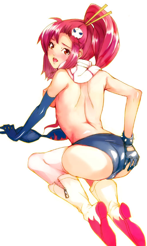 maimu, yoko littner, tengen toppa gurren lagann, 00s, 1girl, ass, female focus, grabbing own ass, hand on own ass, micro shorts, short shorts, shorts, solo, thighhighs, topless female